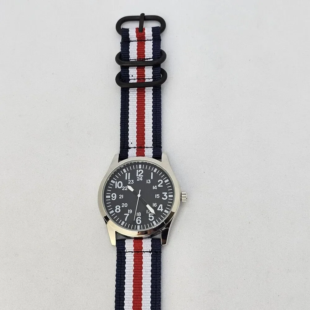 Men's Field Military Watch 42MM Black Dial Blue White Red Canvas Band Straps‎